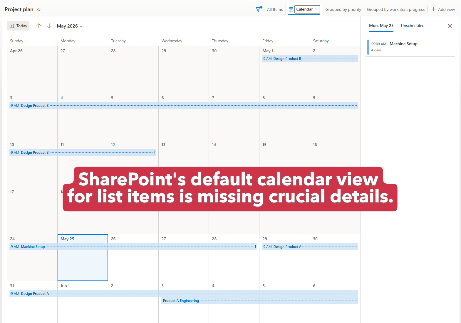 Traditional monthly grid view in traditional SharePoint calendars can obscure overlapping stages and cut off event details.