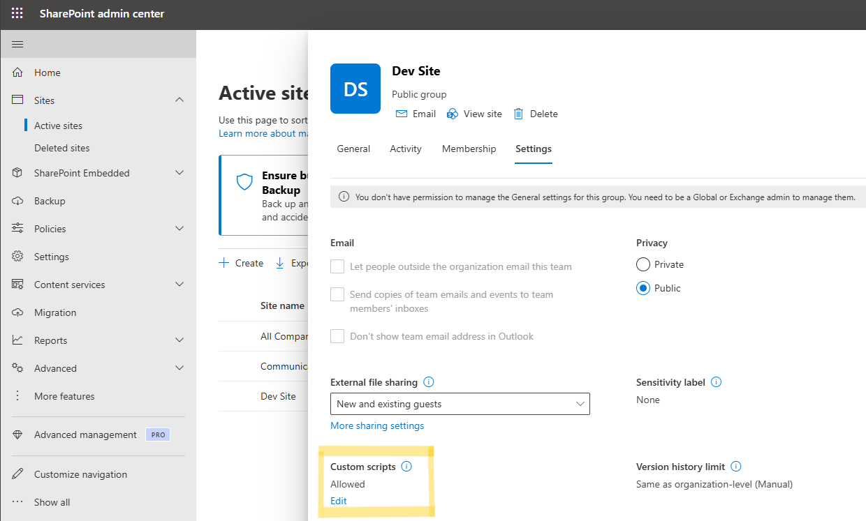 Allow Custom Scripts in SharePoint Settings